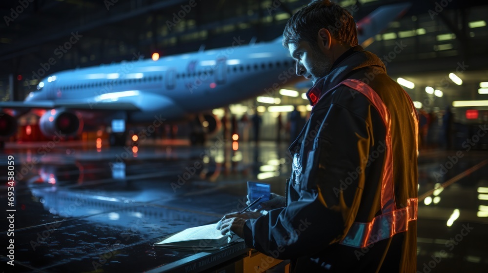 dedicated airport ground crew member reviews documents on the tarmac, with a commercial airliner illuminated in the background during nighttime operations.