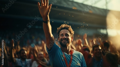 jubilant man with a radiant smile, wearing a medal, raises his hand in victory among a cheering crowd at a sunlit stadium, the embodiment of triumph and shared joy in sports.