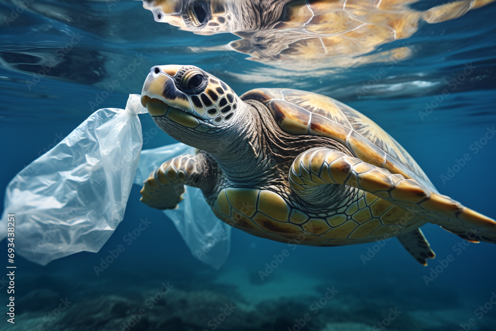 Fototapeta premium A sea turtle surrounded by plastic bags under water depicting the pollution of the oceans