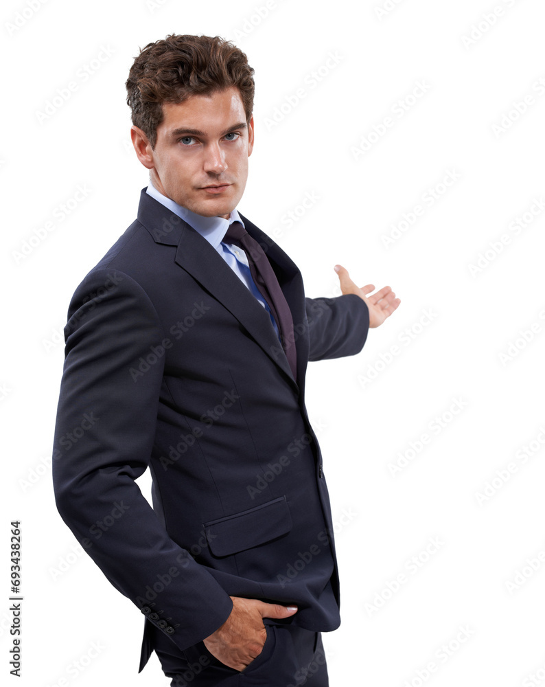 Studio portrait, serious and business man gesture at promotion news, notification space or agency info. Company launch, corporate announcement or person advertising recommendation on white background Studio portrait, serious and business man gesture at promotion news, notification space or agency info. Company launch, corporate announcement or person advertising recommendation on white background