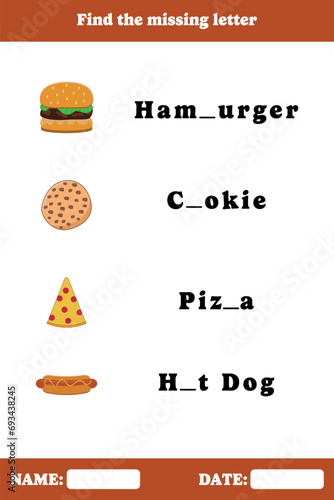 Find the missing letter. Educational spelling game for kids. Brain teaser for children. Printable worksheet design.