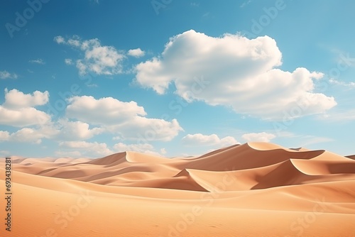Desert landscape with sand dunes under the blue sky with white clouds. Modern minimal aesthetic wallpaper