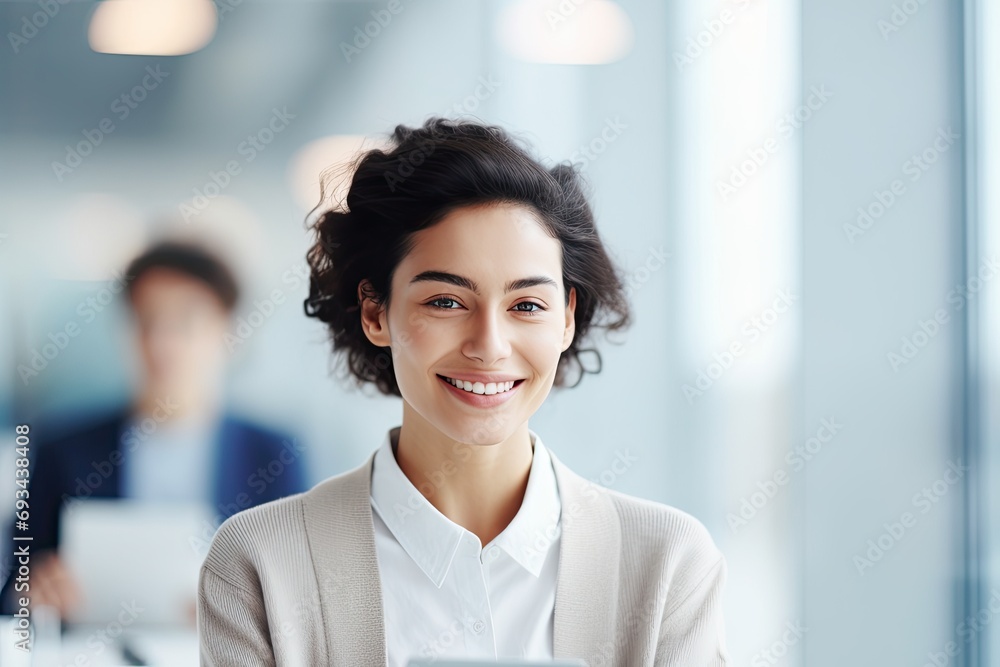 A confident smiling businesswoman in an office setting, showcasing professionalism and success with her colleagues. A confident smiling businesswoman in an office setting, showcasing professionalism and success with her colleagues.