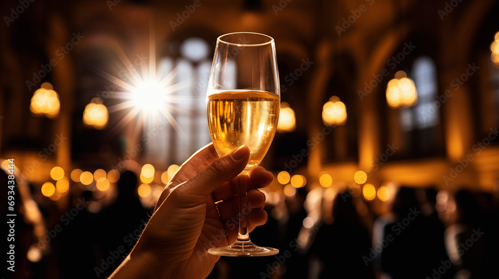 Hand raising glass of champagne to celebrate at a special occasion