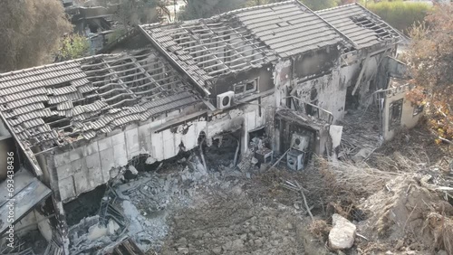 Destroyed home in kibbutz Beeri after terror attack, Aerial
The kibbutz of Bari was attacked by the Hamas terrorist organization on October 7th, drone view, December,2023
 photo