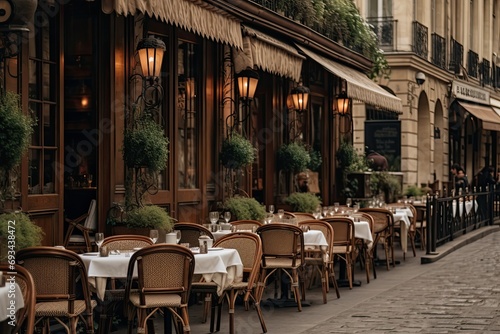 Fototapeta Naklejka Na Ścianę i Meble -  A picturesque European street with a restaurant terrace, historic architecture, and charming ambiance.