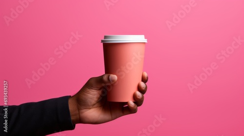 Coffee, pink paper carton cup on a pink, pastel, colorful, trendy background. Takeaway drink container. Good morning, wake up, awake concept. Template for a drink mockup. copy space photo