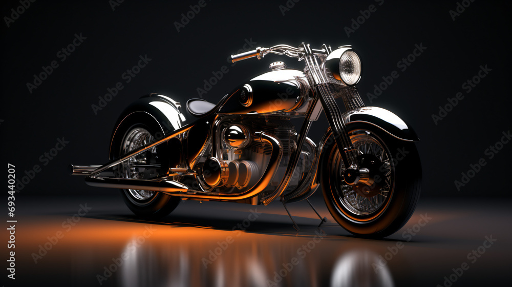Vintage Black and Chrome Back lit Motorcycle 3d illustration