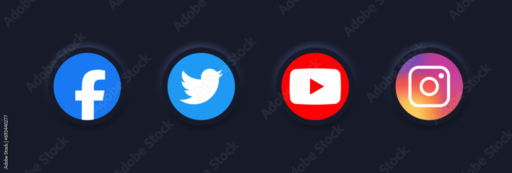 Social media logos icons. Facebook, Twitter X, YouTube, Instagram logos