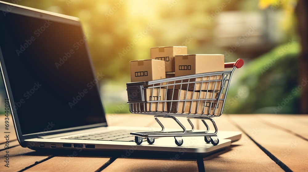 Online Shopping Cart on Laptop: E-commerce, Marketplace, and Logistics Technology for Seamless Delivery and Payment