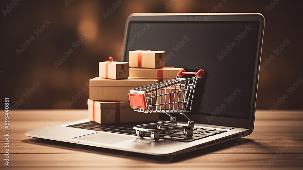 Online Shopping Cart on Laptop: E-commerce, Marketplace, and Logistics Technology for Seamless Delivery and Payment