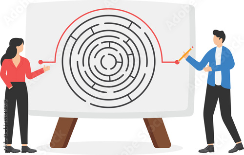 Workaround or solution to bypass problem or difficulty, creativity to overcome obstacles or solving business problems, avoiding path concept, businessman genius draw workaround line to solve labyrinth