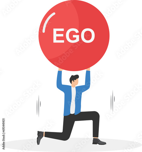 Ego burden, too much confident boss, narcissism and self involvement problem, self esteem and self important mistake concept, confidence businessman wear king crown chain with heavy EGO burden weight.