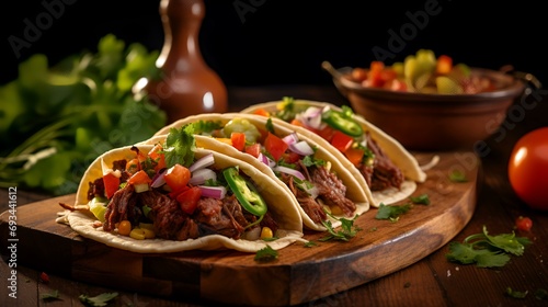 Mexican tacos with meat, tomato and onion on wooden table.