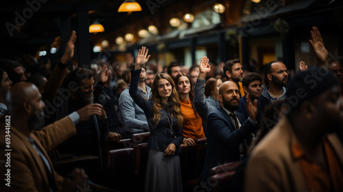 At a professional business seminar  a diverse audience raises their hands in an important decision