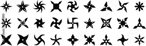 Set of ninja stars icons, Black vector silhouettes isolated on white background
 photo