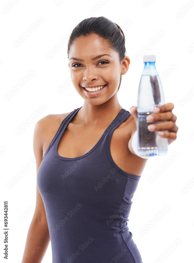 Woman, water and smile in portrait for fitness, studio and liquid for health and wellness. Happy athlete, female person and pride on face for hydration, weight loss and detox by white background Woman, water and smile in portrait for fitness, studio and liquid for health and wellness. Happy athlete, female person and pride on face for hydration, weight loss and detox by white background
