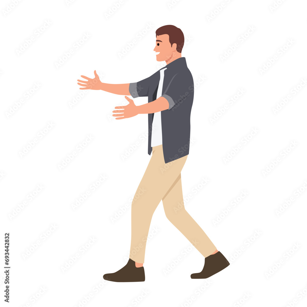 Young man ask for a hug side view. Flat vector illustration isolated on white background Young man ask for a hug side view. Flat vector illustration isolated on white background