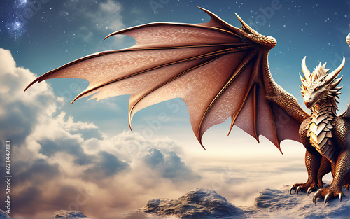 A dragon with wings on a mountain top, a symbol of 2024 according to the Chinese calendar. Year of the Dragon. Image with space for text and copy space