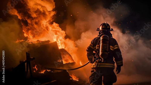 Fireman extinguish fire with the hose. Burning house fire drill. High quality 4k footage. Firefighter with fire out of control. Fire burning and smoke moving photo