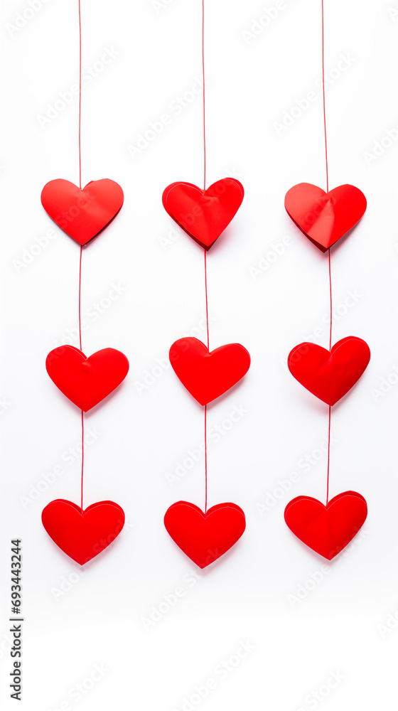 Red hearts hanging on line against white backdrop. Valentines day or Love themed wallpaper.
