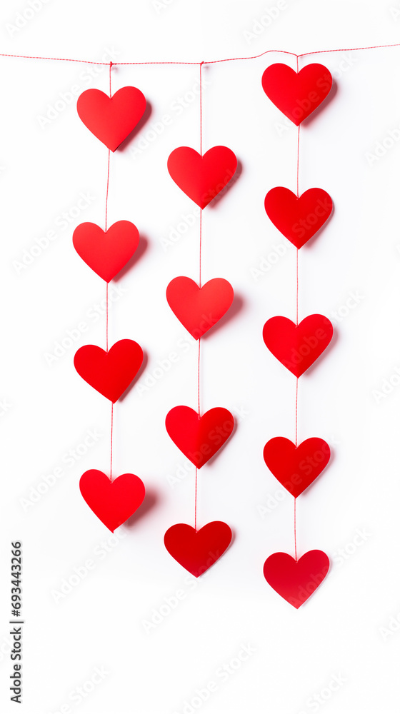 Red hearts hanging on line against white backdrop. Valentines day or Love themed wallpaper.
