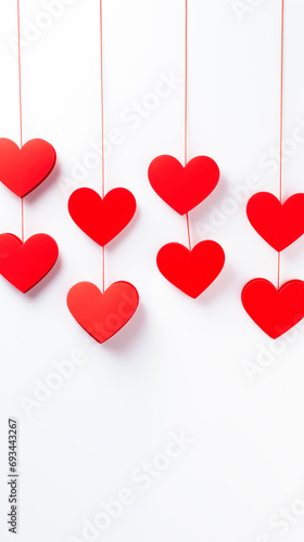 Red hearts hanging on line against white backdrop. Valentines day or Love themed wallpaper.