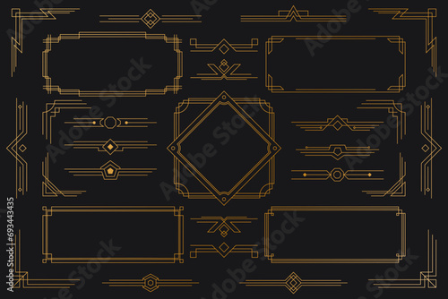 Art deco frame. Line border, ornament decoration element, luxury gold in geometric retro label. Golden decorative elements vintage collection. Geometry outline borders. Vector classic garish shape set