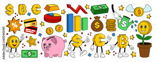 Money stickers. Cartoon coin characters, comic pay as finance icon, save and invest cash, piggy bank. Groovy vintage elements. Currency funny symbols. Vector tidy isolated financial illustration