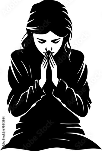 Praying woman silhouette in black color. Vector template for laser cutting wall art.