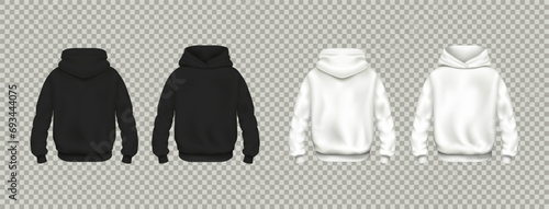 Apparel mockup, template sweatshirt. Clothes merchandise, black and white jumper, casual jacket, textile hoodie front and back view, empty print. Vector realistic sport and casual fashion collection
