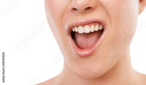 Woman, teeth and smile for dentist, mouth hygiene or dermatology against a white studio background. Closeup of female person or model for tooth whitening in dental, oral or gum care on mockup space photo