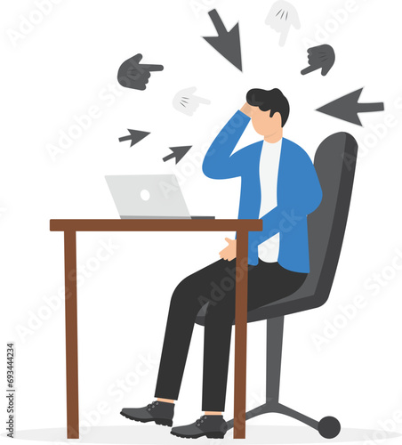 Cyber bullying, internet abuse or online troll, social media problem with hater comments concept, depressed teenager boy sitting alone with computer laptop and mouse hand cursors pointing on her.

