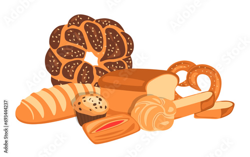 Bakery composition. Different types of bread. Baguette, fresh croissant and bagel. traditional pretzel and pie. Shop icon and label, menu cover. Healthy food cartoon flat isolated vector illustration