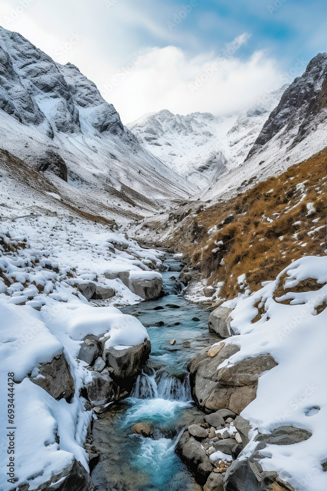 a snowy mountain landscape with a river running through it, taken from a high vantage point