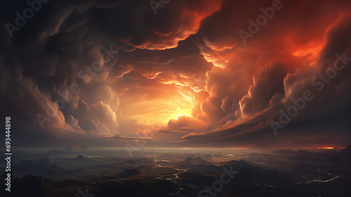 A tempestuous sunset sky with dramatic thunderous clouds photo