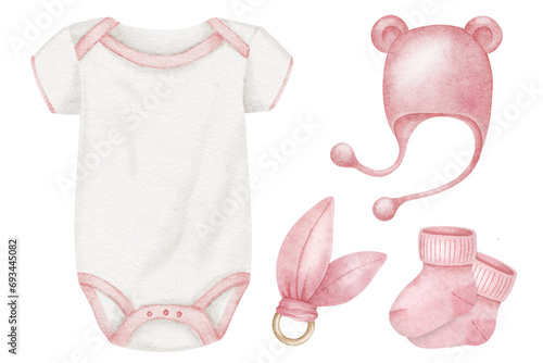Set of clothes for newborn girl. Bodysuit, pink booties, cap and teether. Babyish accessories. Watercolor illustration. Isolated. Clipart for kids good and shop, cards, baby shower, kid's room and toy photo