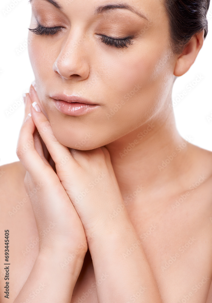 Makeup, beauty and woman in studio for cosmetic care, wellness and shine closeup. Makeover, face and calm female model with glow, dermatology or soothing skin treatment, pamper and soft glam results Makeup, beauty and woman in studio for cosmetic care, wellness and shine closeup. Makeover, face and calm female model with glow, dermatology or soothing skin treatment, pamper and soft glam results