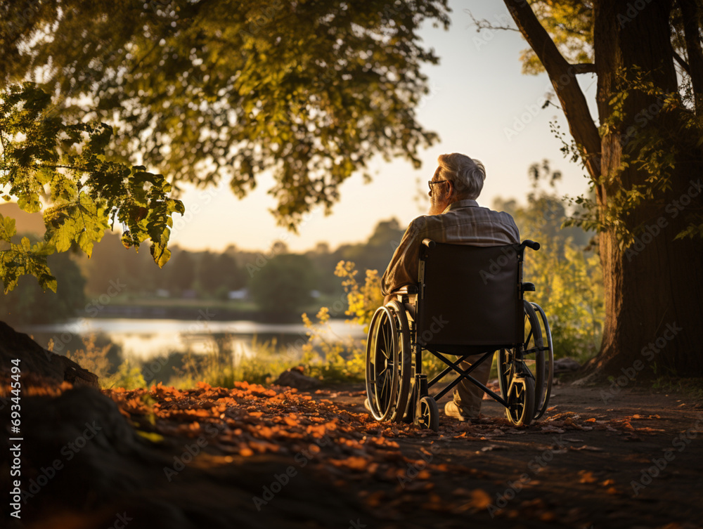 Front view, an elderly man rides in a wheelchair through a park, Ai generated Front view, an elderly man rides in a wheelchair through a park, Ai generated
