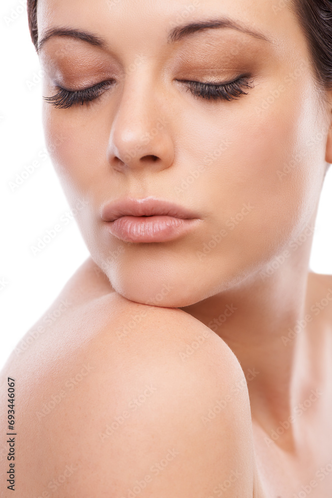 Woman, face and skincare for cosmetics, beauty or makeup isolated against a white studio background. Closeup of female person, shoulder or skin in care for dermatology, hygiene or spa treatment Woman, face and skincare for cosmetics, beauty or makeup isolated against a white studio background. Closeup of female person, shoulder or skin in care for dermatology, hygiene or spa treatment