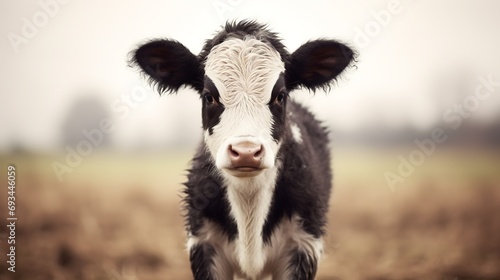 a black and white baby cow in a farm