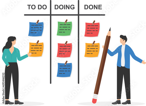 Business people review project progress on the Kanban board. Todo list, in progress task and finished one, project management or planning for production. Flat vector illustration.

