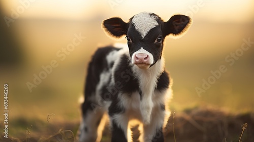 a black and white baby cow in a farm