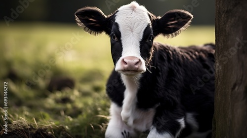 a black and white baby cow in a farm