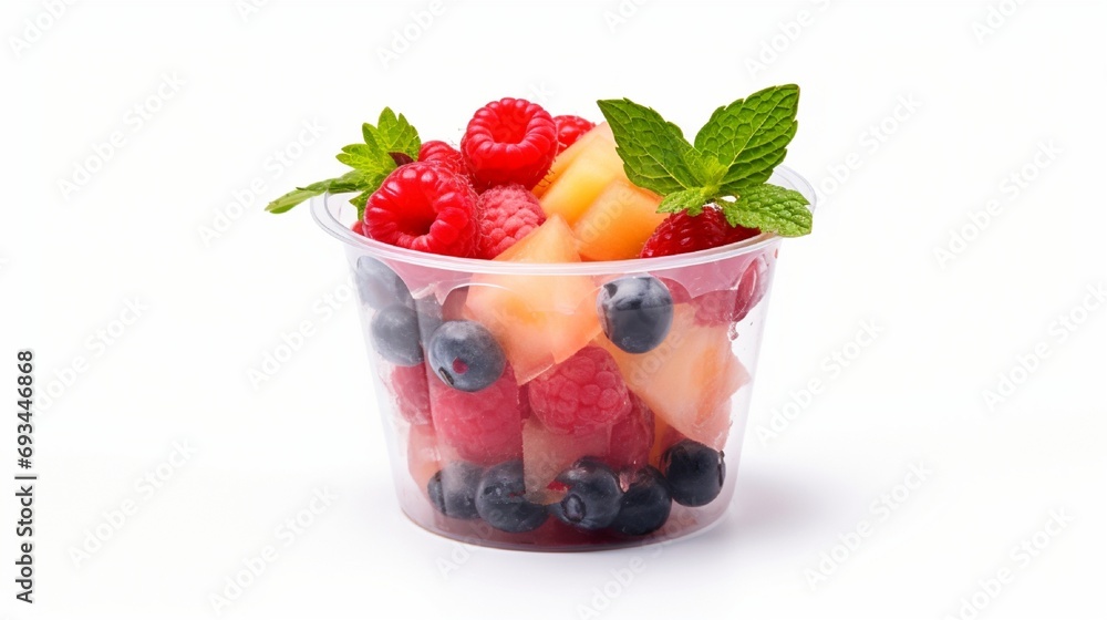 Fresh fruit pieces salad in plastic cup isolated on white background Fresh fruit pieces salad in plastic cup isolated on white background