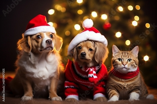 Christmas cats and dogs in sweaters and hats under the snow. Lights and Christmas atmosphere. Generative AI.