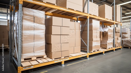portrait of warehouse with stacks of cardboard ,Warehouse with stacks of boxes on wooden pallets. Wholesaler photo