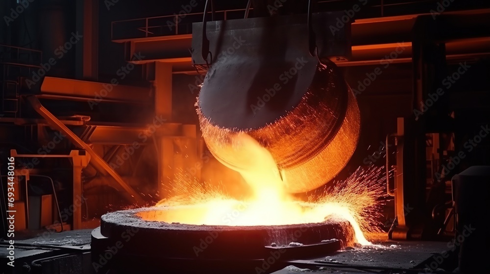 Steel making workshop, Melted molten metal is poured with sparks. Smelting of cast iron parts. Steel Mill Factory