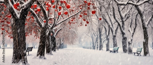 winter wonderland: serene city park blanketed in snowfall with striking red wild apple trees