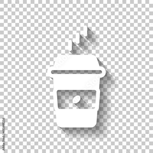 Hot cup of coffee, simple logo. White icon with shadow on transparent background